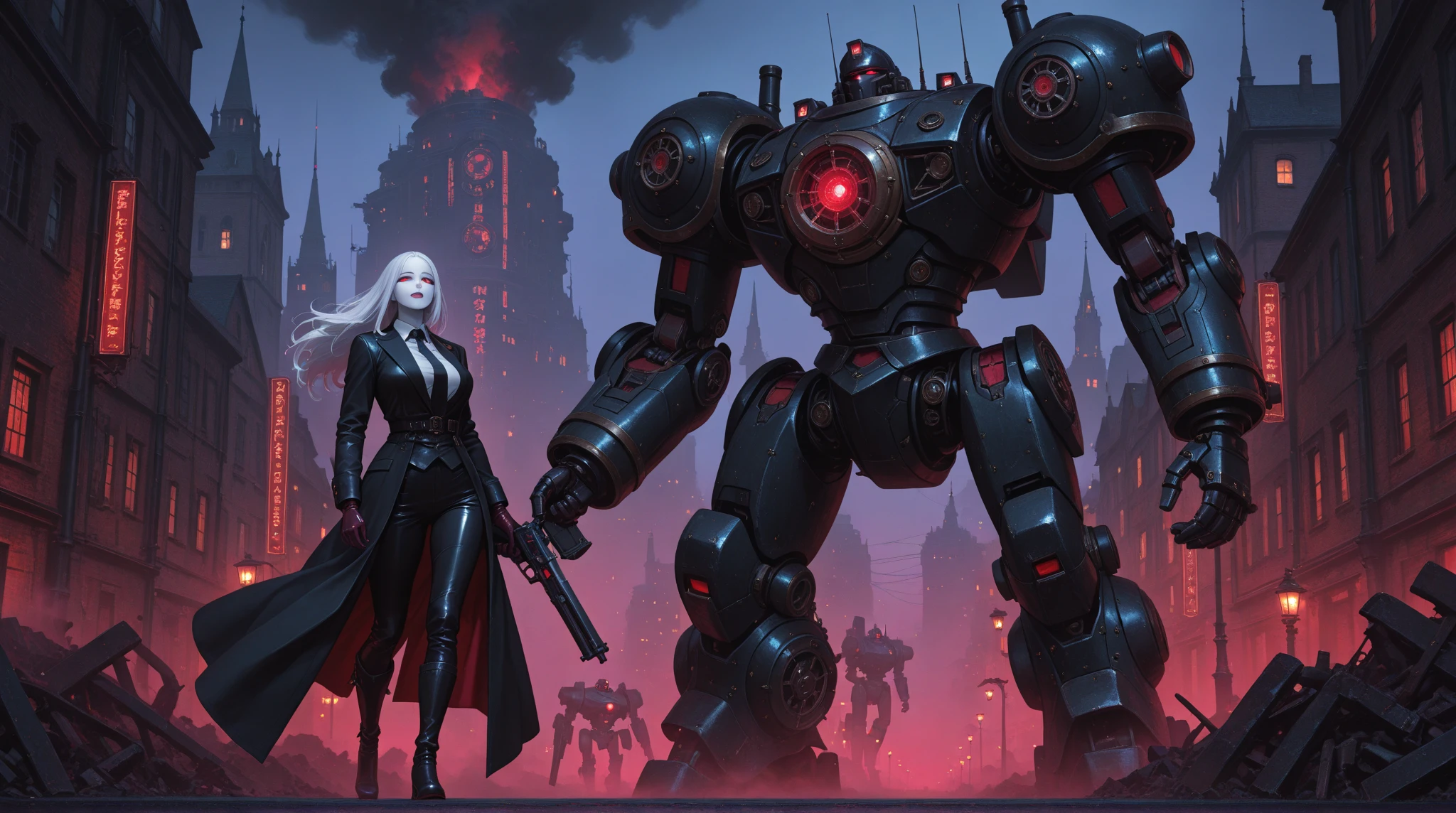 high image quality, anime style, steampunk style city background, night city shrouded in fog, ruined and collapsed roads,  giant robot in the background , Black Iron Armor, round arms, red glowing core on , city filled with smoke and red lights,

woman with full  in the foreground, Cool Beauty, tall, slim figure with braided blonde hair, Straight Black Hair (Slightly below shoulder ), side sweep bang, Narrow red eyes , Clear White Skin, tight noir noir style black Suit-style attire, shirt + wearing a black tie, long black coat that flutters in the wind,

Leather Gloves, Heeled long boots, confident and calm expression, Slight Smile, carrying a giant robot and holding a gun, composition looking up from a low angle, Light coming , Red and purple lights, cinematic atmosphere, powerful air,