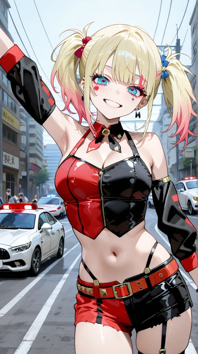(masterpiece, best quality, detailed), 1girl, solo, looking at viewer, ninny, twintails, blonde,
leather jacket, leather pants, strapless bra, black jacket, tight pants, black chocker, zipper, fingerless gloves, biker clothes, spikes, shoulder spikes, shiny clothes, outdoors, cyberpunk, city, night, city lights, neon lights, car, claw pose, smile, open mouth, teeth, v-shaped eyebrows