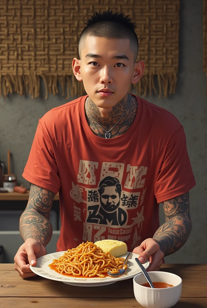 A tall man,maru tattoo, black short hair, eats pasta