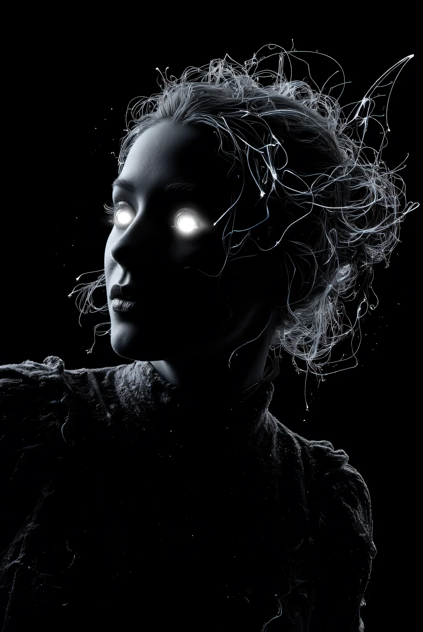 completely black screen , absolutely nothing , pure black , detailed, gothic futurism , A post-apocalyptic world , in which technology is prohibited , hyper detailed, professional poster art , bold lines , award-winning, trend on Artstation , fastNegativeV2, ral-dissolve, pure white eyes (Transparent techno girl:0.65), (Techno costumes)Transparente Raytracing, clear magic symbols , The transformation of materiality and immateriality, Pure white ,in the manner of Mike Winkelman, surreal, visual exaggeration, Nano punk, atom punck, circuit , Light Painting,♒︎, fish, ♓︎, Unreal Engine, Octane-Rendering,V-ray , detailed, super quality, high resolution,surrealism,16k,superweitwinkel,satellite view,bioluminescence