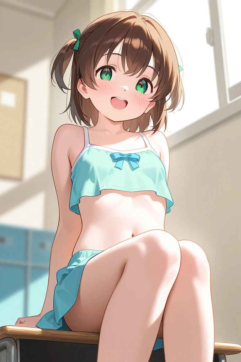 Beautiful illustration, best quality, cute girl, ((In a pink bedroom)), pastel color, natural tones, ((Brown hair)), ((Childish underwear)), ((Green bra)), ((Green panties)), ((Standing)), ((Looking back at viewer)), ((Slim body)), ((Smug)), ((Grin)), (Blush), bright lighting, ((Big eyes)), ((Hand under chin))