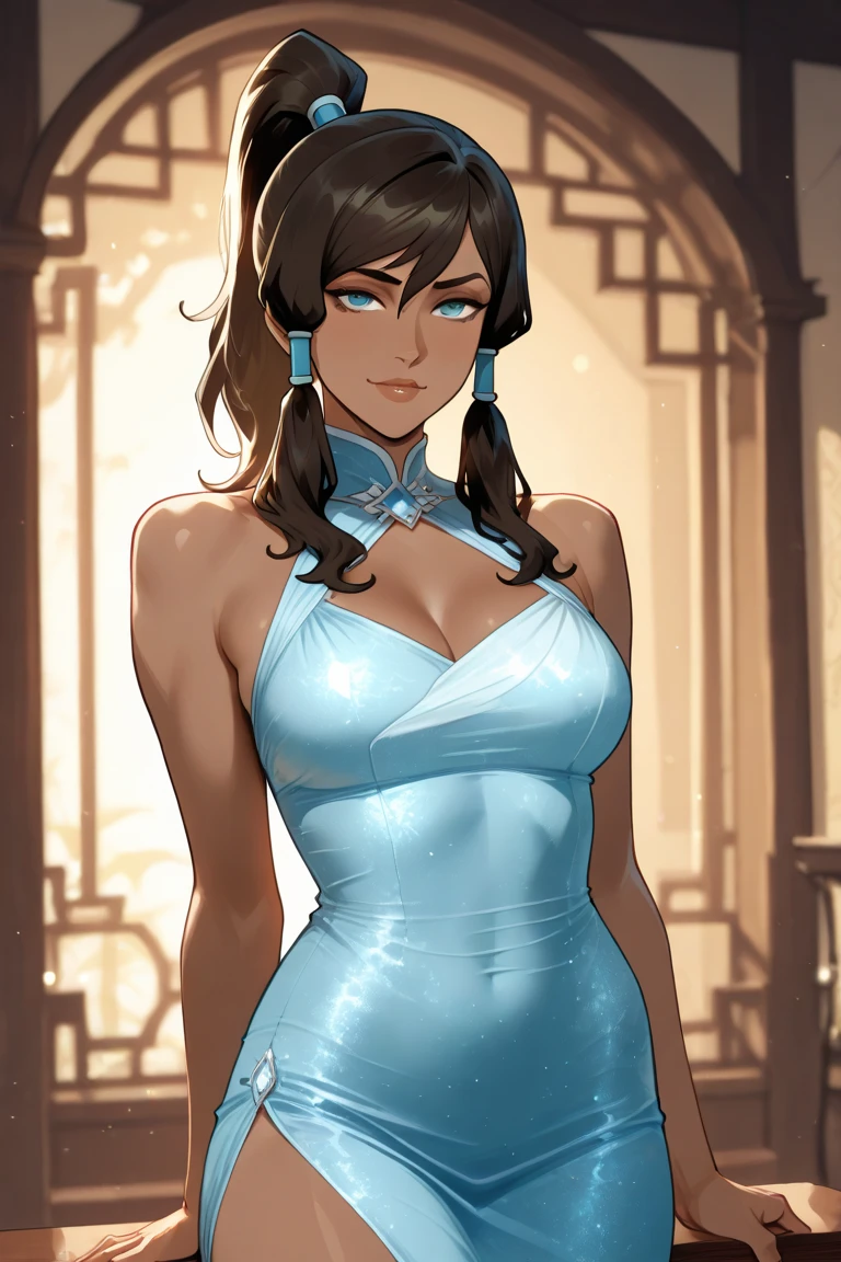 3062197697 Kanae Hyiori, a beautiful woman from the Water Tribe, has red eyes, long brown hair, her dark skin, she has a toned and strong body, in front of a lush igloo, wearing a standard Water Tribe coat, with a close-up capturing the harmonious beauty between her natural breasts, showcasing her mastery of Waterbending.