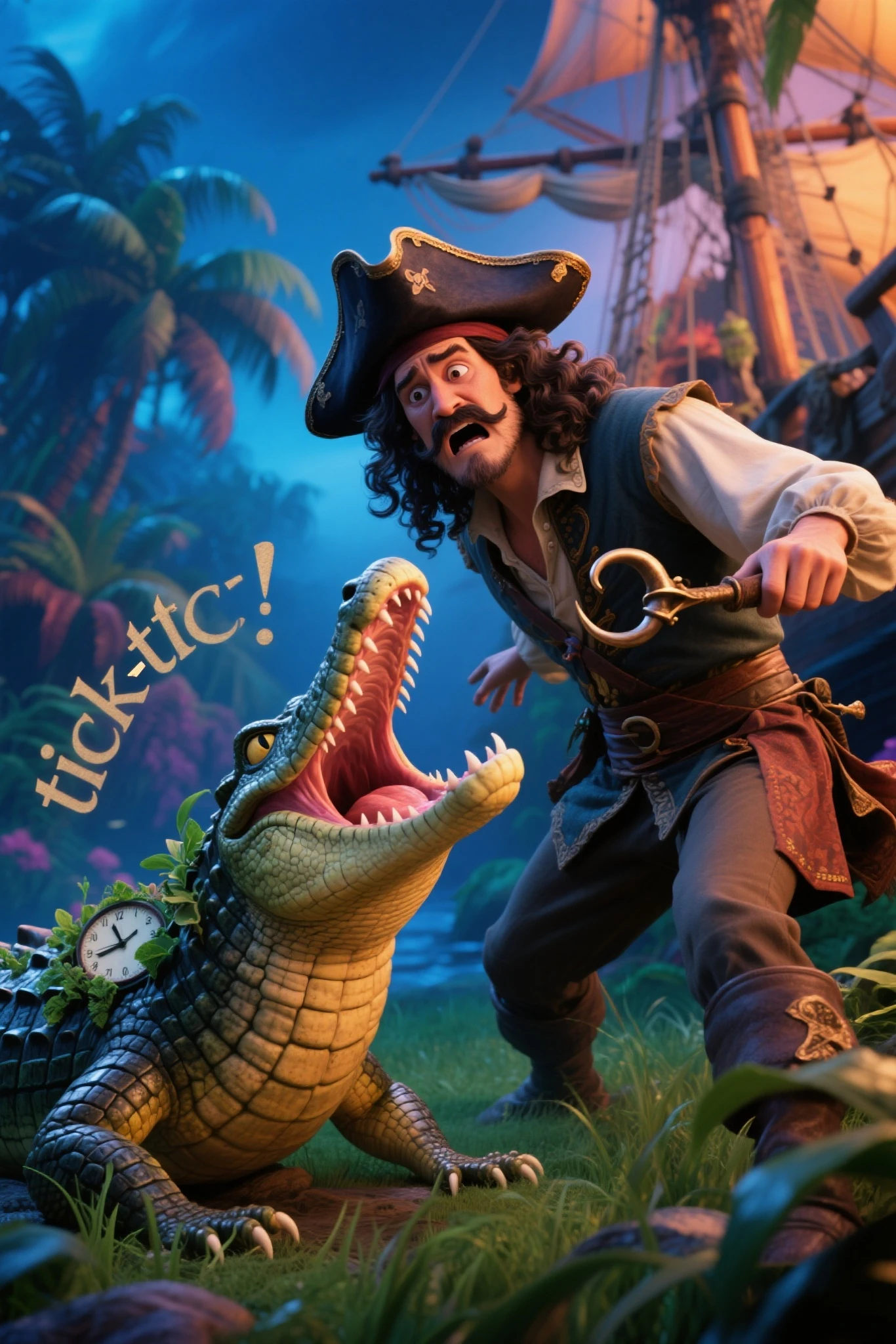 in the Peter Pan story、and cinematic lighting(Crocodile)and driven by fear,チクタクCrocodile,チクタクと音を立てている大きなCrocodileで、trying to bite with his mouth wide open,Captain Hook wears a 17th century pirate costume Dramatic scene of Captain Hook running after、右手は過去にCrocodileに食べられて替わりに義手替わりにフックを取り付けている,pirate hat,with long, dark curly hair fluttering,mustache and beard,middle-aged man,fearful expression,The background is a rich jungle near a pirate ship,Fantastic Vibes,Crocodileの背中には花や草が生えていて魔法的な性質を強調,Vivid Colors, dynamic movement ,detailed expression,and cinematic lighting,フック船長はpirate hat子を被る,Captain Hook's beard and mustache,