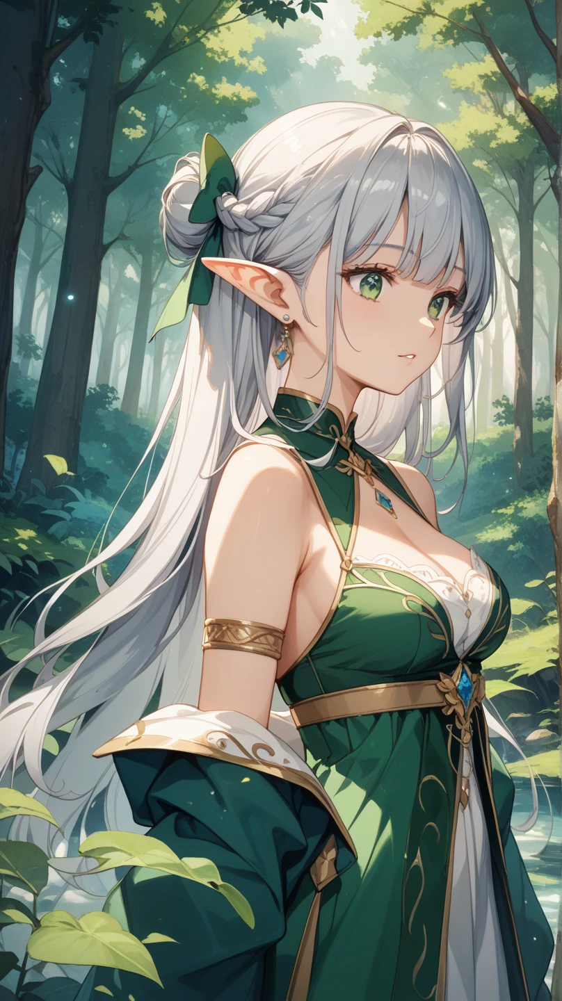 Elf Very beautiful dress Light Silver Hair Girl high and cold expression Green Forest magic masterpiece超高清牛仔镜头 明亮的画面,暖色Light,神圣的Elf,Around 20 years old,Floating in the air,Top quality,Top image quality,masterpiece,Exquisite facial details