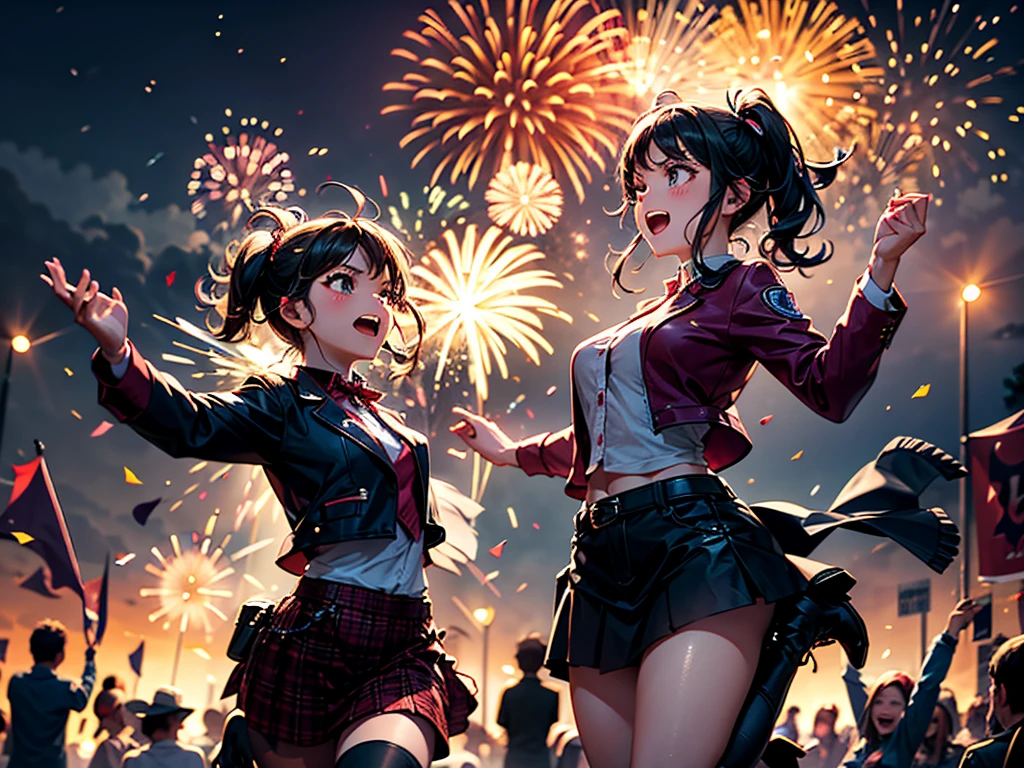 Compose a visual symphony where 3D fireworks dance to the rhythm of time, synchronized with fractal notes that resonate throughout the celebration.