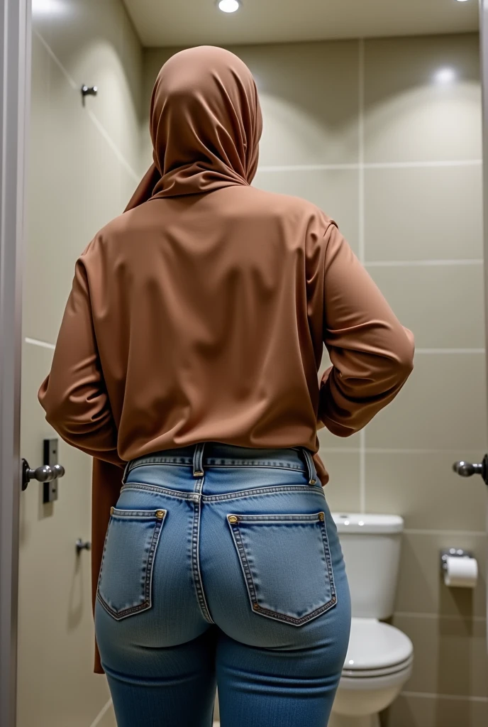 1 malay woman with plain hijab. 30 years old. beautiful face. medium breast. light white legging. evening  view. beautiful photo 4k remastered. peeing pants