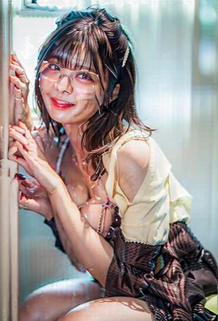 Highest quality, 8k resolution, masterpiece, Professional photography, ((Liquid Water Metal Fashion:1.6))、One Japanese woman, 28 years old, Upper Body View, The background is colorful stained glass, Enchanting atmosphere, Modern scene, Rainbow Glasses, Sexy attractive girl, Large Breasts, Stunning sexy girl, , Wearing a big gown
