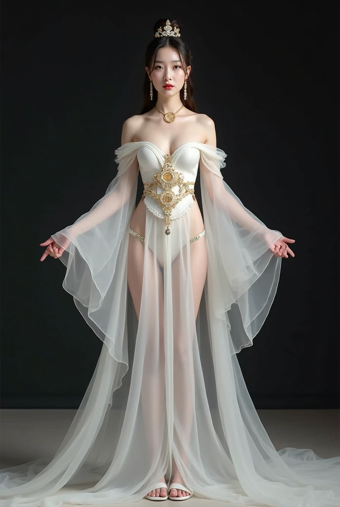 Cleopatra of Egypt、She is a timeless beauty、be white、platinum-blonde、blue eyess、Wearing transparent cloth、I'm wearing lace-up sandals、a smile