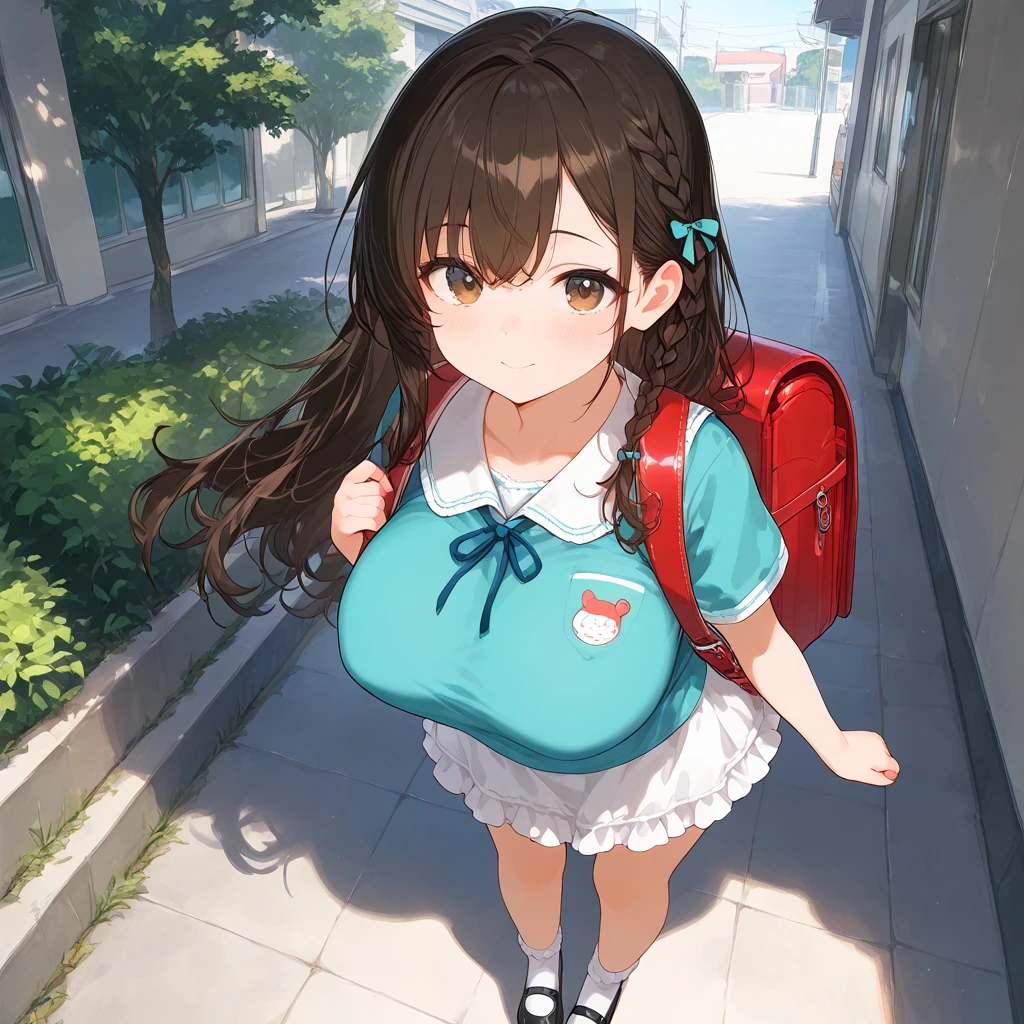 masterpiece, highest quality, High resolution, 1 girl, alone, (((Giant Basterds))), Brown Hair, Brown eyes, short hair, ponytail, Hair between the eyes, Floating Hair,, Are standing, Wear sneakers, whole body, wearing Backpack, school Backpack, (Backpack:1.1), sunlight, Daytime, garden、Bloomers, Bloomersー(old japanese gym clothes)、See-through nipples