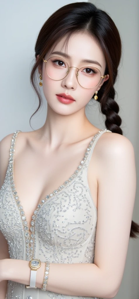 (Canon RF85mm f/1.2), (8K, RAW photos, best quality), (masterpiece), (Practical, photograph Practical), (Extremely detailed, High Detail, Best image quality, Very detailed, high resolution, Very detailed, Extremely detailed的描述, Super Fine, Extremely exquisite and beautiful work), Beautiful and delicate girl, Solo Girl, ((Perfect body)), Very detailed eyes and face, White skin, Noble and beautiful, ((The skin texture is delicate, Pores)), Perfect anatomical structure, Beautiful body, Delicate face, Slim abdominal muscles, Slim waist), Big buttocks, (Large Breasts, Breast enlargement), (Clive Arch), (Affectionate gaze, soulful eyes, Glowing eyes), (Beautiful clear eyes), (Bounce Curly Messy Long Hair), (Smile:1.2), (Fascinated expression), (Beautiful appearance), ((Low-cut,Wedding dress,No Sling,Show your shoulders,Huge breasts)), ((Tight Fit)), ((bud)), ((wear glasses)), earrings, necklace, ((night)), ((Street View, moonlight)), Physically Based Rendering, Realistic lighting, (((Upper Body))), ((Looking at the audience)), ((Everlasting)), ((Happy and shy))