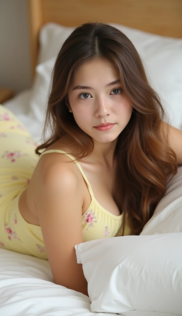 In this image, a Chinese woman is the central figure, lying on her stomach on a bed with a white pillow behind her head. She is wearing a yellow and black floral bikini top paired with a matching bottom. Her left hand is placed on her hip while her right hand is near her face, supporting her chin in