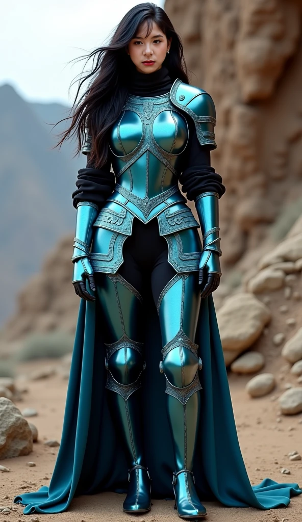 Foto hiperrealista en primer plano de Naomi Campbell, Create dystopian masterpieces, scene from the Game of Thrones movie, the entire figure dressed in Game of Thrones style, light blue dress with armor accessories, om a medieval market square, beautiful woman, skinny, medium breasts, black long hair, detailed face, smile, facing the camera, photo taken from a distance, age of 14 years old