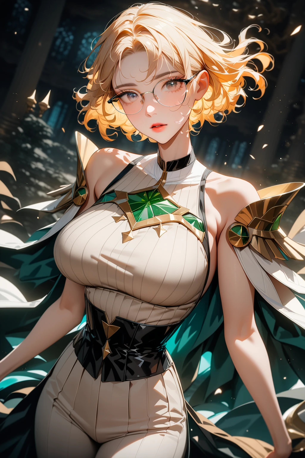 (Tatsumaki), (One Punch Man), big detailed green eyes, green hair, (green eyes), green and gold color palette, Official art, Unity 8k Wallpaper, Ultra-detail, Beautiful and aesthetic, masterpiece, Best Quality, (zentangle, mandalas, Tangle, Entangle), (fractal art:1.3) , 1girl, (huge tits), Extremely detailed, Dynamic Angle, Most Beautiful Form of Chaos, elegant, a brutalist designed, vivd colour, romanticism, Atmospheric, arms behind back, (gold metallic pasties), shiny skin, sexy pose, ((black background)), gold dust, heavy blushing, upper body, straight on, gold metallic flowers, ornate gold elements, gold overload, (extra thick thighs), (gold thigh highs), arms behind back, ornate gold border, contrapposto, beautiful legs, (gold explosions), (gold hearts), (gold butterflies), anime submissive,