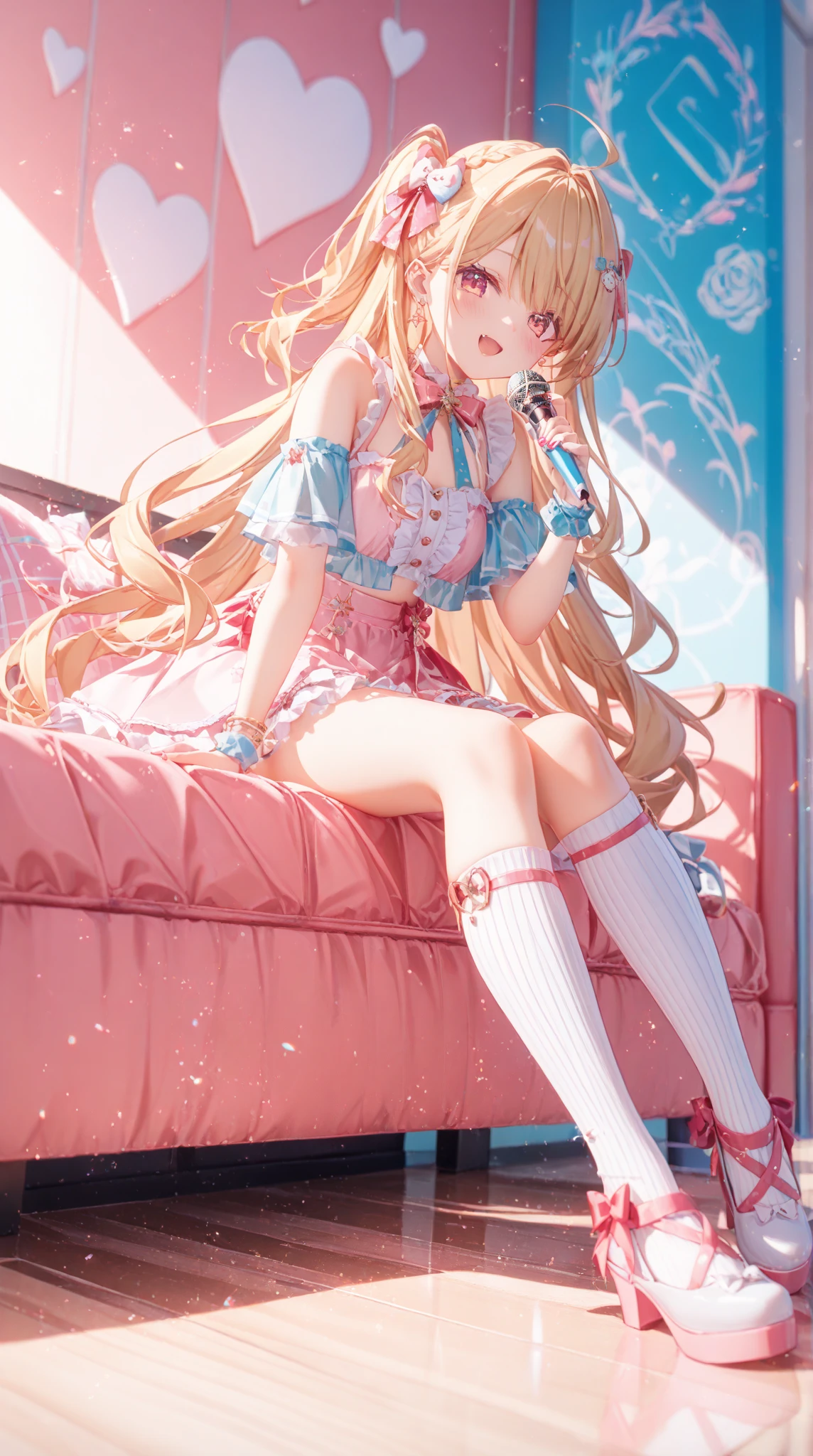 (masterpiece), (Highest quality), High resolution, (Very detailed), (Best illustrations), (Best Shadow), (美しいGirl), (Absurd), (White Background), (White room), (Pink carpet),
(Highly detailed face),(Intricately detailed face), Perfect limbs, (Light on face), (High Contrast:2),
stand, Beautiful legs slightly apart, Look at her from the front,
(Head to toe full body view), 中心にstand, Shadow Weakening,
My Little Sister Can't Be This Cute, (Kirino Takasaka), (kirino kousaka), Girl,
Blonde, Yellow shiny hair, Long Hair, Hair Clip, Green Eyes, bangs, Shyness, smile, Pitiful,
Thin legs, Long legs, Round face shape, Big eyes, slender, clear,
Beautiful Skin, Wet, sexy, Charm, Girlの全身,
(One person、solo:1.4), Full Shot, panoramic,
(White and pink set up dress two piece outfit), Frills, ribbon, (Pink tie), (A sheer light blue shirt), (Pink and white checkered corset skirt),
White cotton socks,(White Pantyhose), Knee-high socks, Pink heels,
Erotic,
Underwear with white stripes, 白いFrillsの下着, 小さいribbonが付いてる下着,
Pink panties, Detailed panties,
Pink Bra, Detailed bra,
(Skirt Lift:1.6),(Grab your skirt:1.6),
