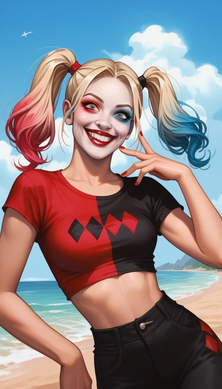 Harley Quinn, cartoonish, blonde pigtails hair gradient to pink and blue on each sides, half body portrait, wearing a red and black crop top, wearing red and black pants, sexy body, beach background, crazy smile