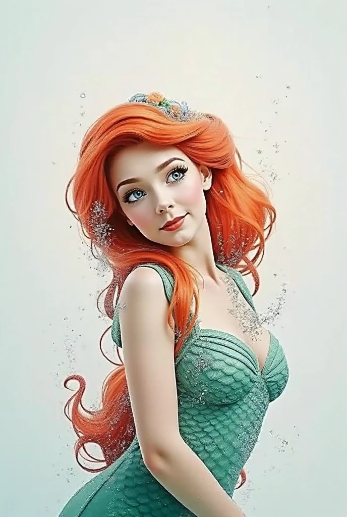 Underwater portrait, coral reef style Mermaid, flowing red hair, dreamlike,freckles, UHD, garden goddess, magical, smiling, highly detailed eyes, winking, head tilt,  chromatic aberration