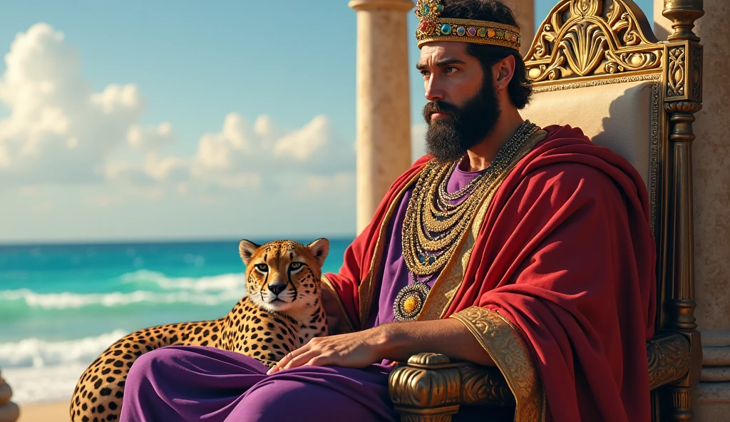 A handsome handsome man without a shirt wearing a golden pants and a crown sitting on a king's chair, thin and white skinned in the desert, with a desert palm tree behind him, a lake and a peacock with two leopards at his side, a rug under his feet, two men looking at him, blowing on him with the palm leaf and a woman dancing for him on his forehead