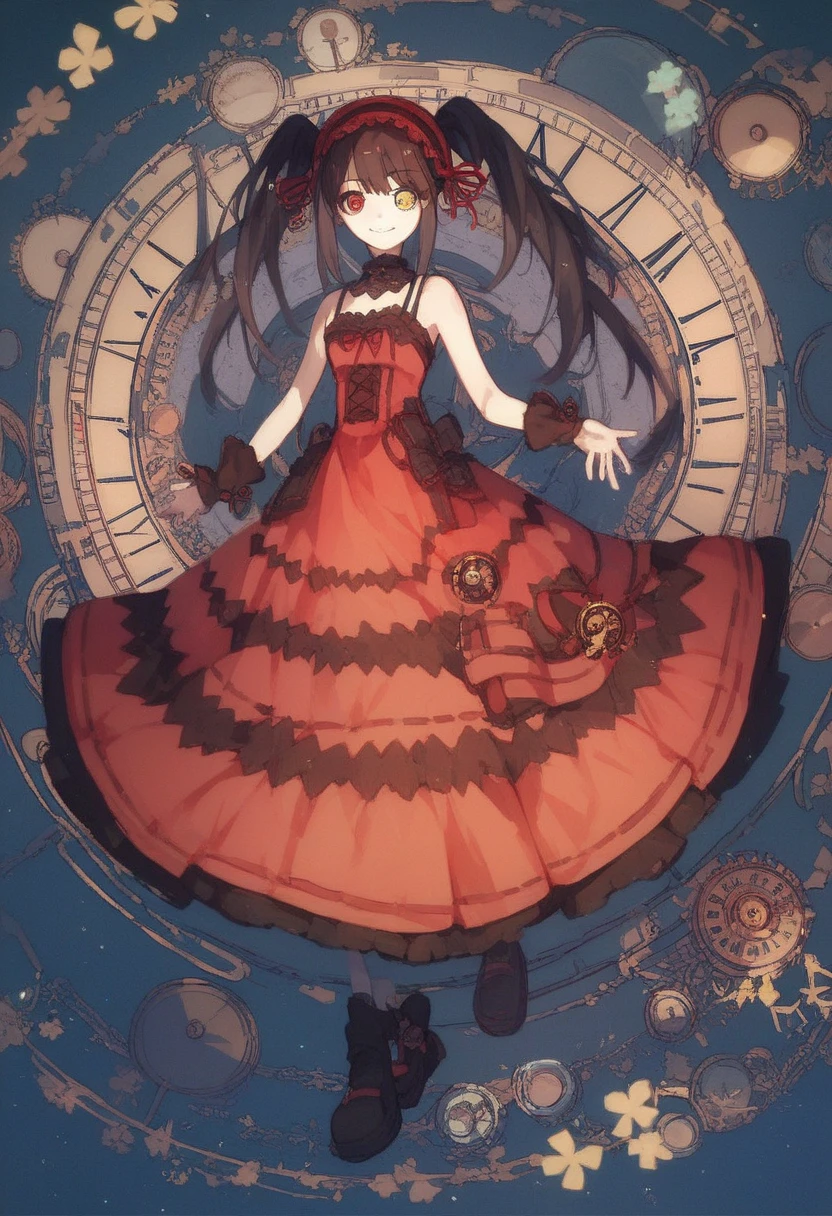 1girl,solo,kurumi tokisaki,long hair,twintails,smile,dress,heterochromia,yellow eyes,looking at viewers,clock eyes,symbol-shaped pupils,hairband,red dress,clocks background,full body,smile,