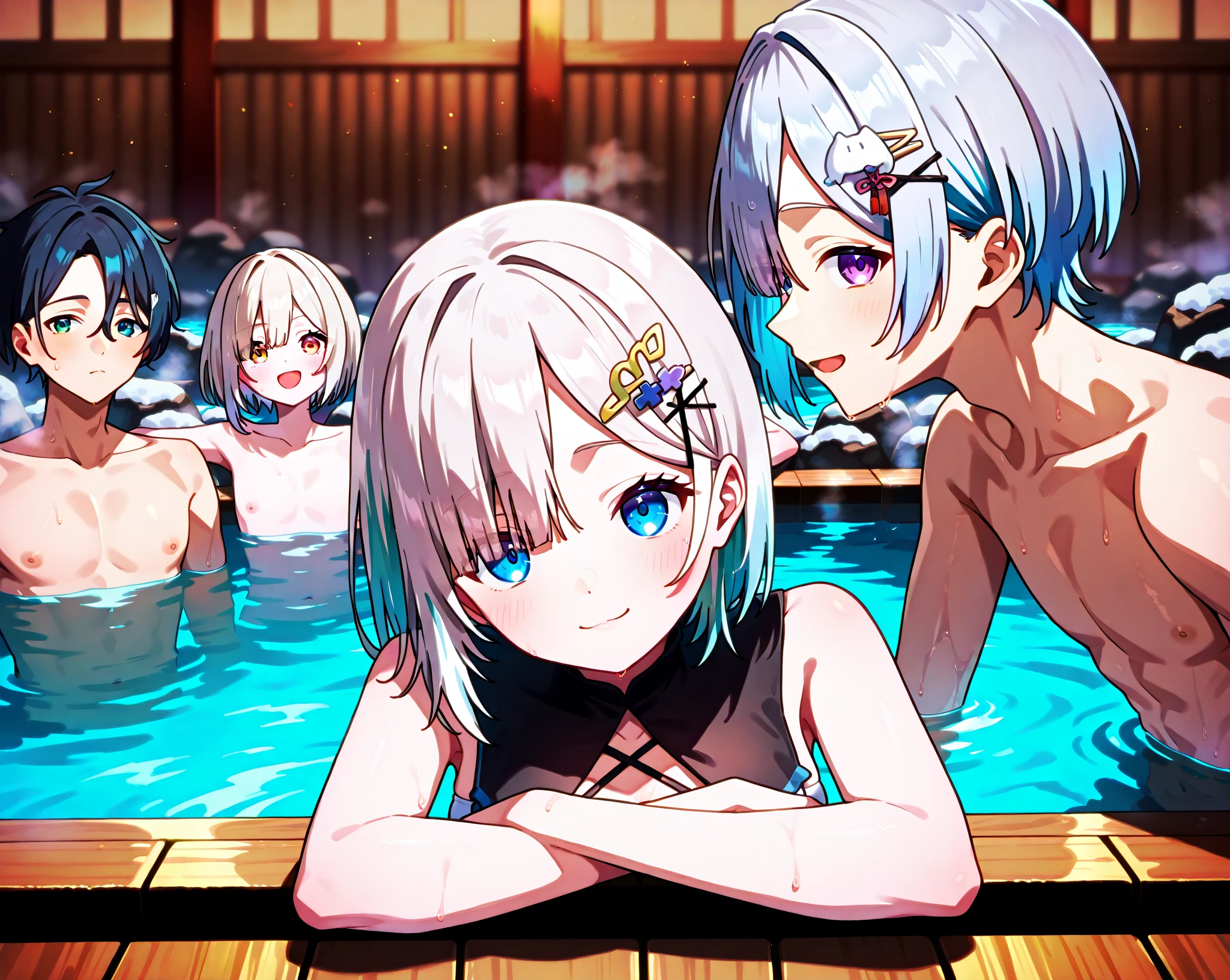 (((((Completely naked masturbation behavior 1 person))))) ((((hot spring Showing nipples woman器を見せる)))) (((Gray Hair short hair blue eyes woman Spread your legs Groping the crotch))),((sunlight vapor)),(smile),Showing teeth Shining Background Shining Edges