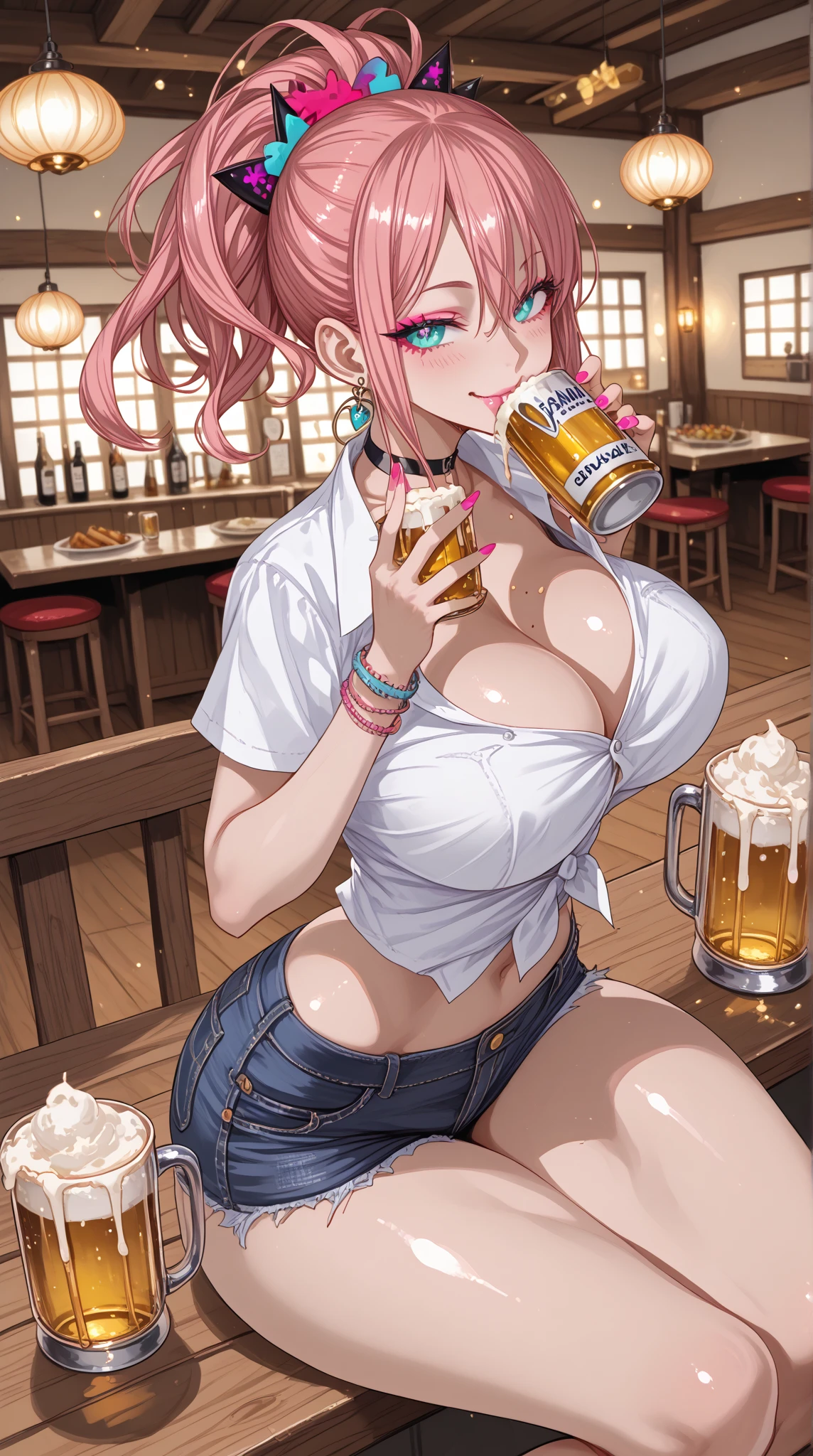 ,lf with, long hair, and cat eyars, swettt, detailed eyes, detailed hands, detailed face, split beer, all over her, drops, drops of yellow beer, beer splet, yellow beer, half naked, nipples, see trough, sexy pose, pink nipples
