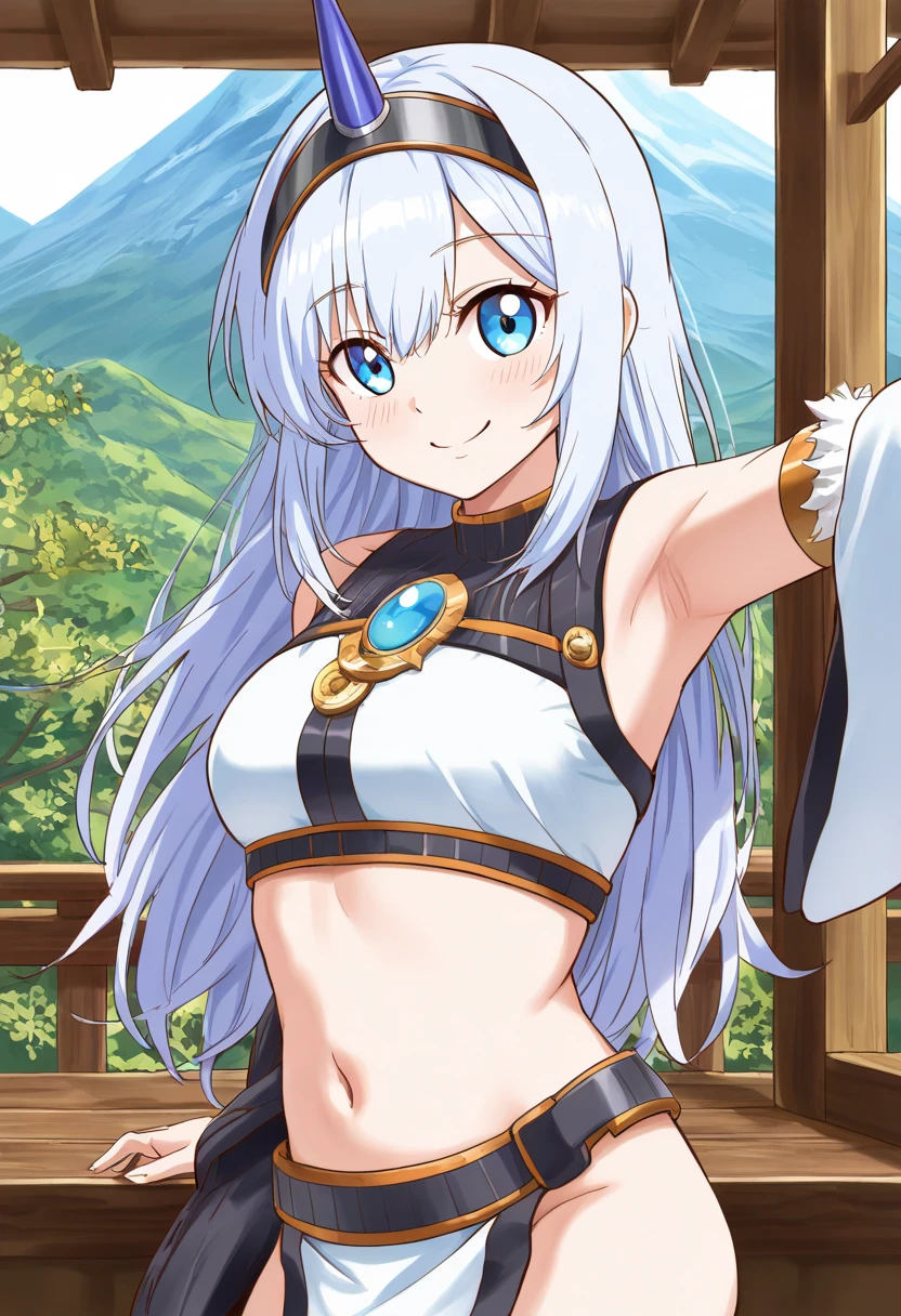 long white hair, blue bikini, white flared pants, fingerless gloves, bell-bottoms, blue eyes, sword, armpits, waterfalls