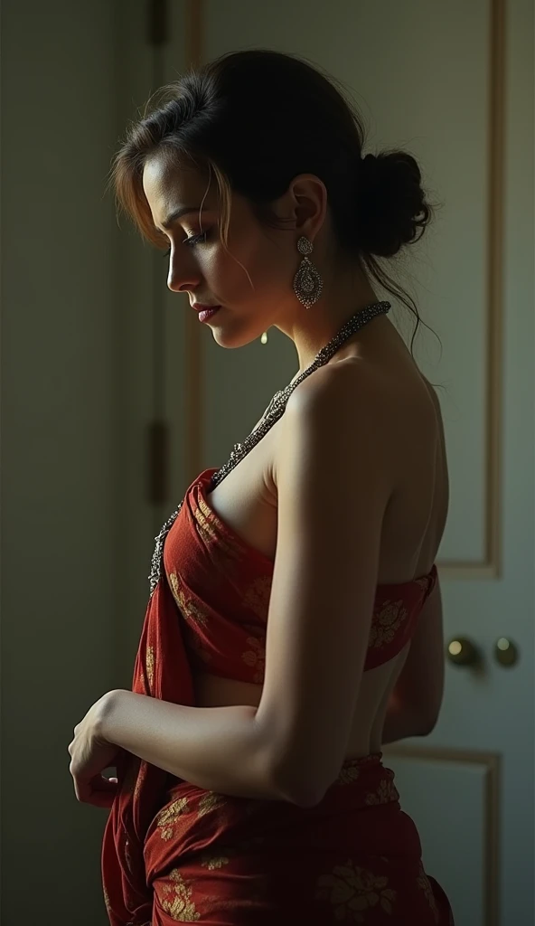 perfect pink eyes, fantastic face, Indian, beautiful look, ((red lips, bright eyes, curve heir 1.5)), ((beautiful details very big breast )), (Straight round and ultra huge clevage, not sagging breast), A glorious gorgeous, glorious gorgeous face, pretty face, bright eyes, detailed elegant printed Blue blouse green saree, updo elegant hair, blurred gray tones background, ultra focus, face ilumined, face detailed, 8k resolution, painted, dry brush, brush strokes, razumov style and garmash style, by Tokaito,  ((Full Open ))((kneeling in bed, pillows, bedsheet))((green pyjamas shorts, red tshirt))