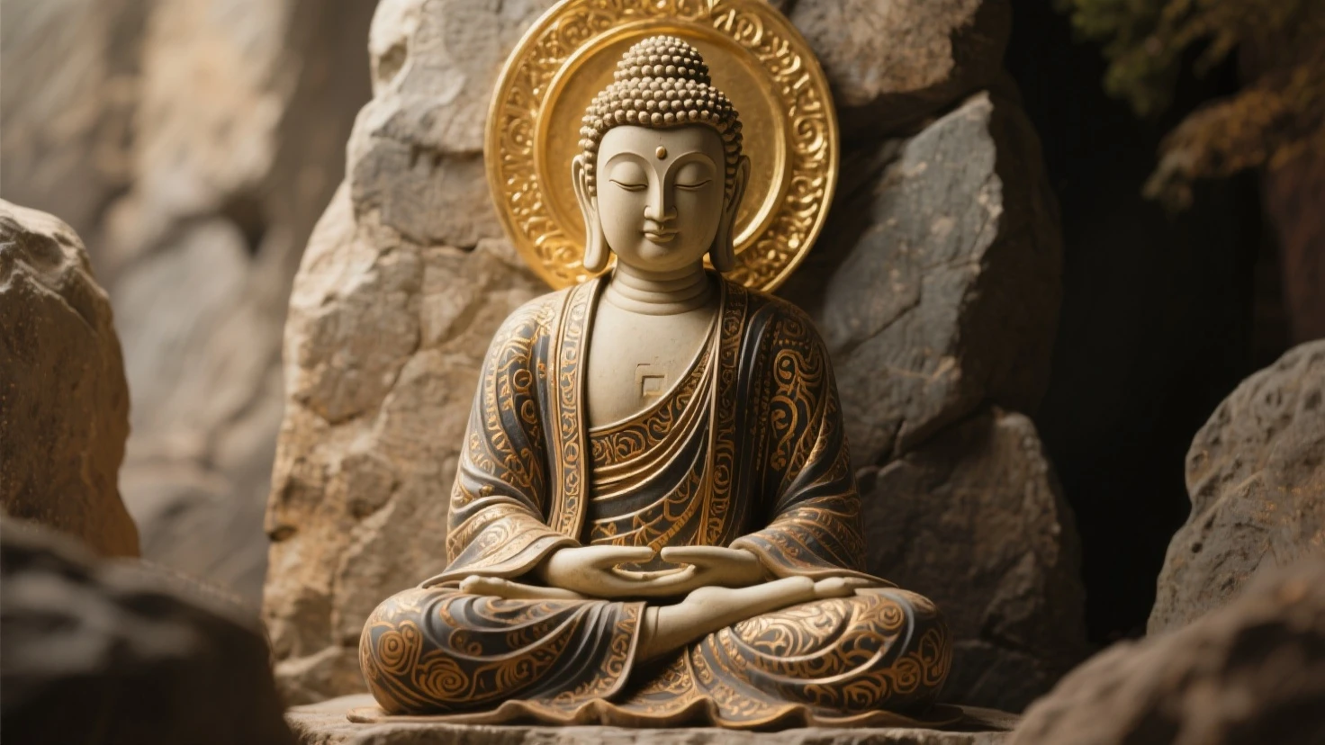(Buddha Statue), In the deep grotto, a Buddha statue sits quietly, surrounded by rough rock walls. The face of the Buddha statue is calm and serene, and his hands are in meditation mudra. The color is mainly based on the natural tones of the rock, and the light and shadow are mainly based on the shimmer from the cave entrance. The details are reflected in the stone carving texture and subtle expression changes of the Buddha statue. Beautiful cinematic lighting, surreal, color graded, dynamic movement, captivating chiaroscuro, full body, award-winning, cinematic still, emotional, vignette, dynamic, vivid, (masterpiece, best quality, photorealistic, Professional, perfect composition, very aesthetic, absurdres, ultra-detailed, intricate details:1.3)