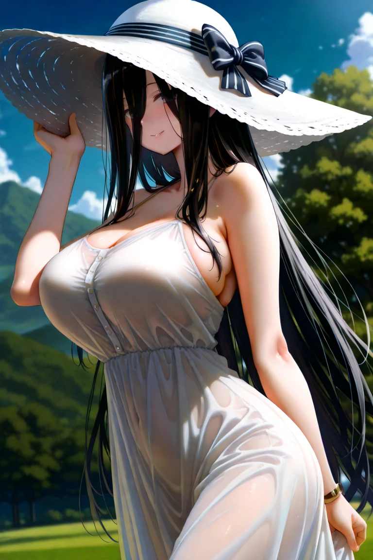 (RAW Photos:1.2), (Realistic:1.4),(masterpiece:1.3),(Highest quality:1.4),超High resolution,High resolution,8k, (Highly detailed illustration), 1 girl, Beautiful face in every detail, Young girl, Long Curly Hair,smile,alone, View the viewer,Clear Background, At the Beach, Depth of written boundary, Natural light,(See-through silhouette),Urzan-6500-v1.1:0.7、Transparent nipples、Sheer pubic area、Sheer silhouette、Glossy、
