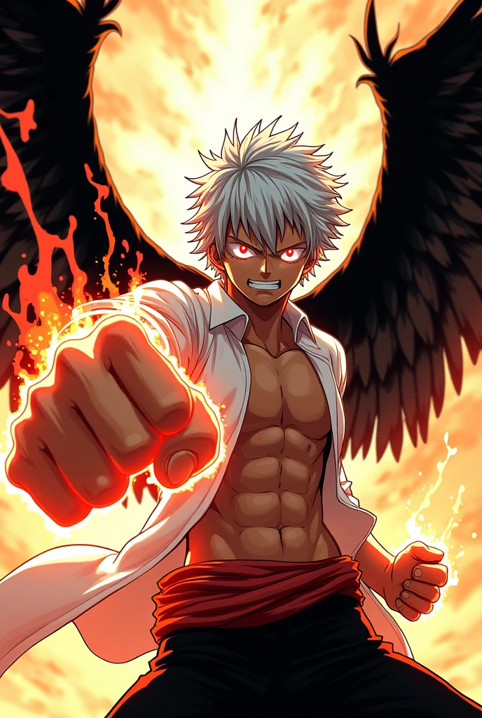 Character Luffy of One Piece, white smoke around her shoulders and neck, hair like a cloud, large red X-shaped wound on her chest