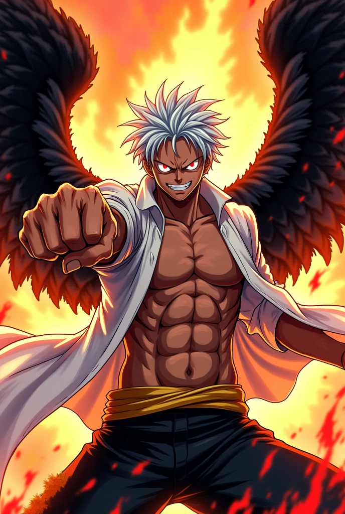 I need a character of a young teen guy. Its main feature is the large black wings on its back, brown skin and white hair,. with a pirate shirt with torn sleeves, baggy pants with colorful drawings, brown skin, eyes with vivid red irises, with a bandana. Bare feet wrapped in bandages.