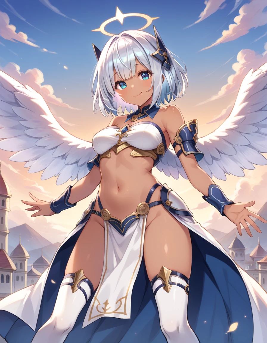 fantasy, 1angel_girl,young_teen, ,silver_hair, short_hair, long_bangs, halo,bare_shoulder,thighhighs,silver_armor, waist_armor, large_breasts,sleepy,half_eyes,1pair_wings, dynamic_pose_fighting,floating, bare_crotch, headgear,gauntlet, greaves,city_background,slightly_spread_legs, solo, groin_naked,