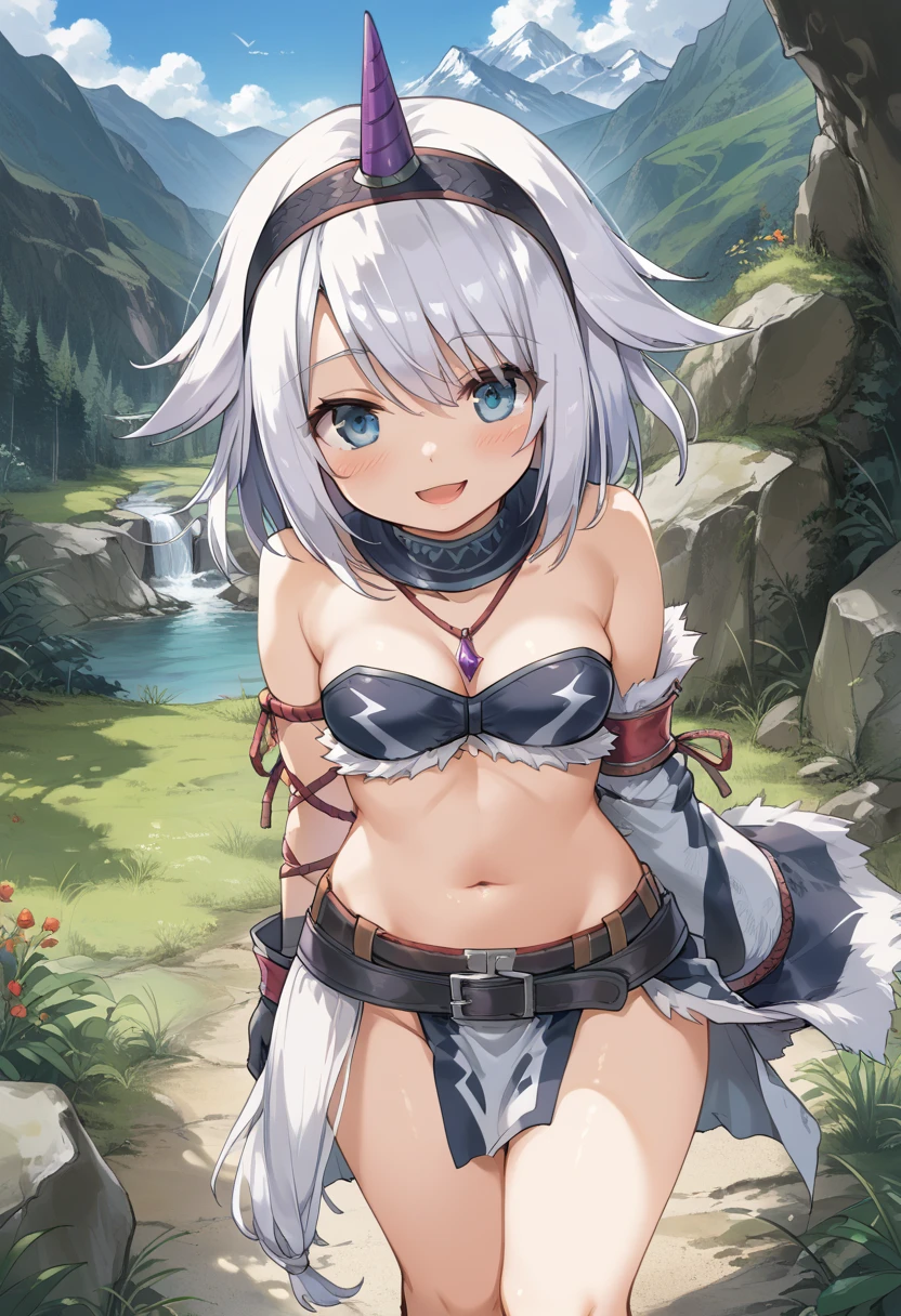 masterpiece, best quality, 1 girl,silver hair,long hair,elbow gloves,small breasts, navel,forest, cowboy shot