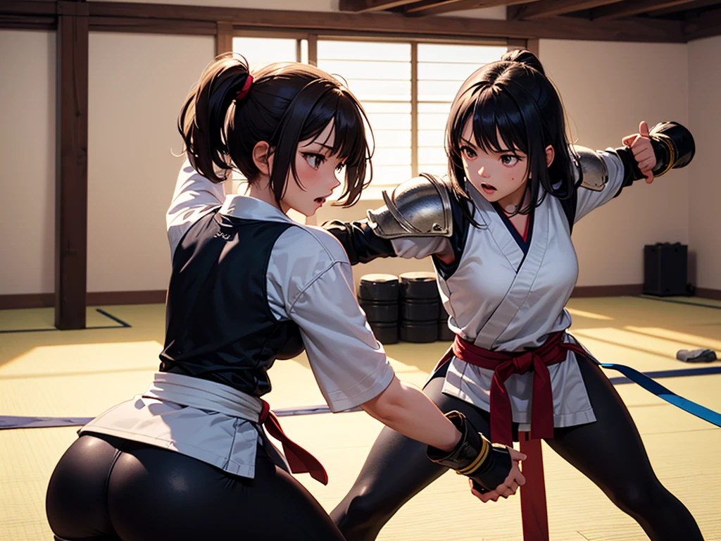 Full body shot from head to feet. A fighting between two character from Dead or Alive, Kasumi versus Ayane. Kasumi attack Ayane with her short sword. Ayame takes a lethal blow and succumbs to her injuries. They have long loose hairstyle. Both of them wears a traditional sleeveless short kimono, with an obi tied at back hip, and short skirt. On their hands, they wear black thin elbow gloves. On their feet, they also wears black thigh high socks, and black short shoes. The battle takes place in a dense and lush forest.
