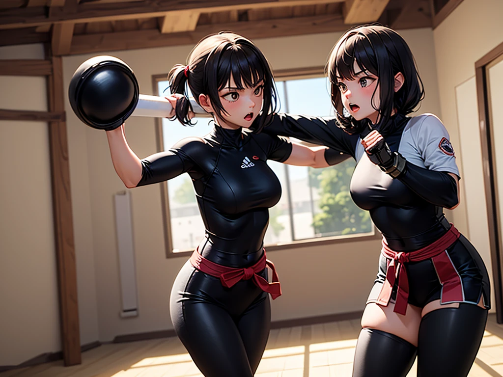 NSFW , In the american home , Small woman and big woman , Fullbody shot , Wear Monokini swimsuit with pantyhose , Female boxing Face to face, oversized breasts.