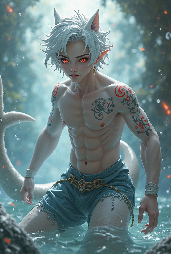 1boy, male, teen, blue skin, merman, indigo hair, blue hair, hair in bun, cute face, grey eyes, shaved eyebrows, pointed ears, fin ears, fish tail, FISH GILLS, fish gills on neck, neck gills, fish gills on ribs, rib gills, sexy, thin body, archer, archery, bow, under water