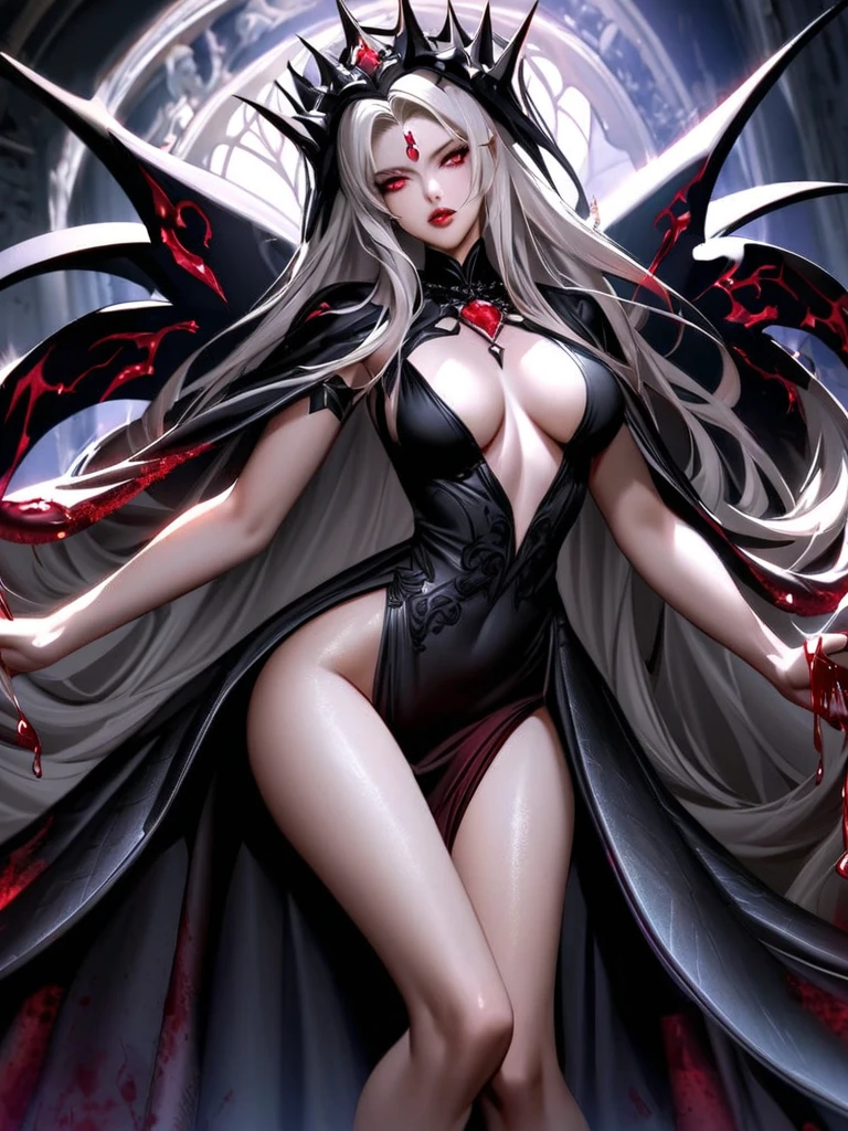 A sexy vampire in short black clothes, staring at the viewer, full body, flowing blonde hair, menacing gaze and gleaming vampire fangs, blood staining her pale face, big, sharp nails ready to pounce, in a dark alley of a city at night, with intensely mesmerizing red eyes --auto --s2