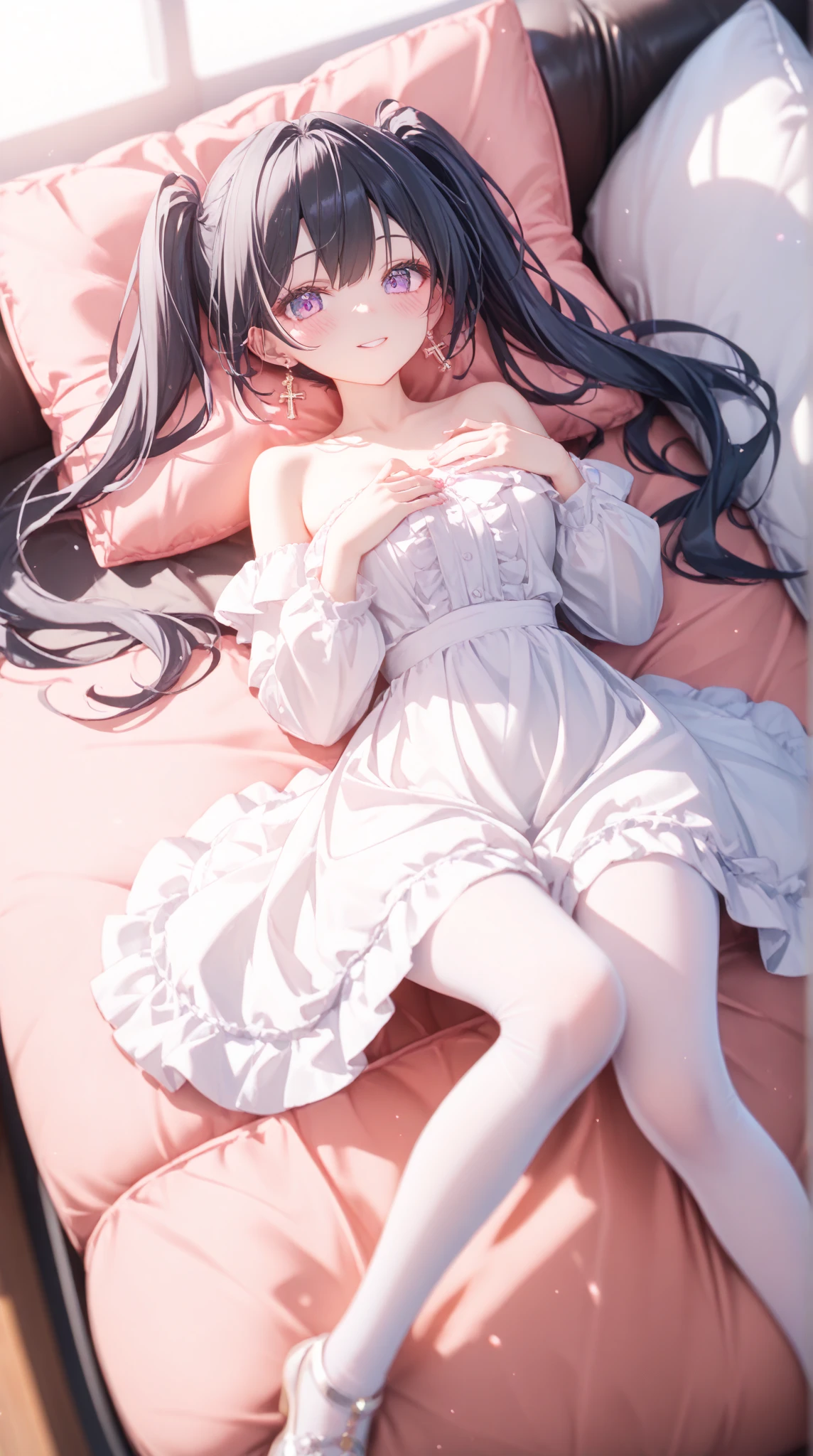 from above,full body,{best quality}, {{masterpiece}}, {highres}, original, extremely detailed 8K wallpaper, 1girl, {an extremely delicate and beautiful},ray tracing,{best quality}, {{masterpiece}}, {highres}, original, extremely detailed 8K wallpaper, {an extremely delicate and beautiful},incredibly_absurdres,colorful,intricate detail,artbook,on bed,indoors,photorealistic,Aestheticism Painting,photo (medium) ,solo,curly_hair,black_hair/black_eyes,facing viewer,looking up,lying on back,arms behind head,orgasm,surprised,wide-eyed,night dress,striped_thighhighs, tetas, sexi y escolar sexi