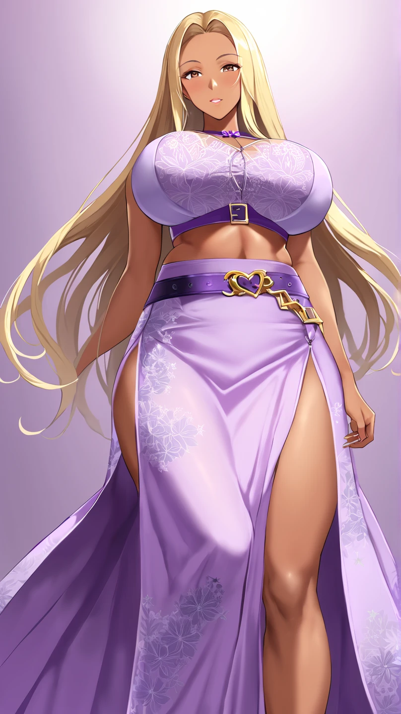 mixed_artwork style, 1 girl, standing alone, hands, beautiful woman, Asian, thick, Egyptian style hair, blonde hair with purple dots, pale skin,, light purple eyes, , Sideboobs purple blouse, black shorts with purple rays print, e-girl, bikini, realistic, textures, 8K, perfect hand, perfect anatomy, visible curves, Breasts,