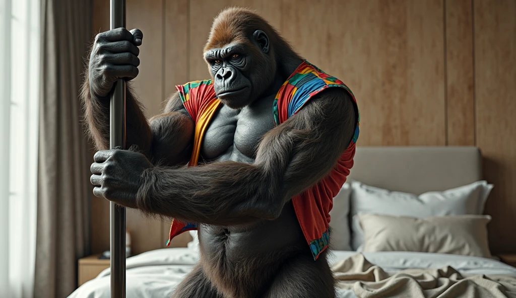 male gorilla, muscular athletic, naked, lying on a sofa posing sensually, wearing a formal suit with his pants down showing his big erect penis, unbuttoned shirt revealing his torso, Overnight, NSFW, whole body, well detailed, Good quality, big body