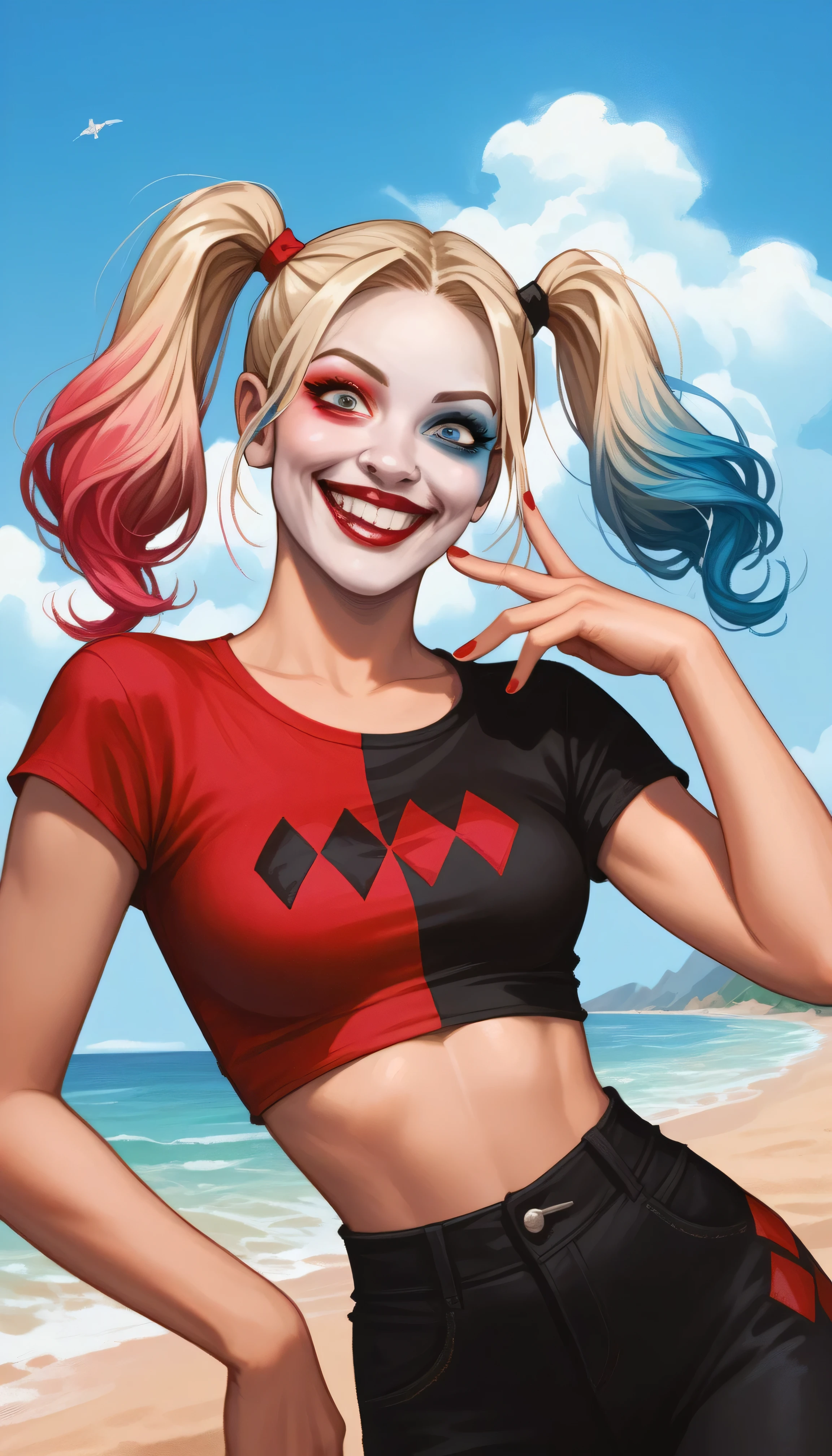Harley Quinn, cartoonish, blonde pigtails hair gradient to pink and blue on each sides, half body portrait, wearing a red and black crop top, wearing red and black pants, sexy body, beach background, crazy smile