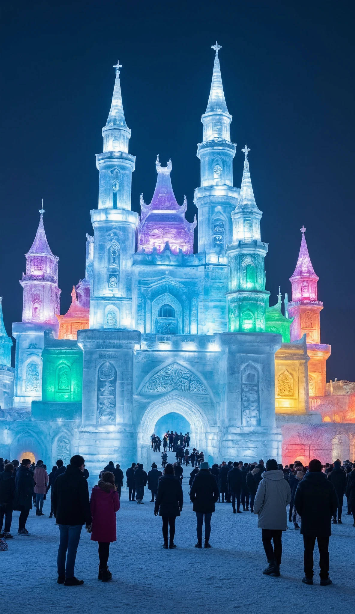 highdefinition images、Ice Festival in Harbin, China、The Forbidden City made of ice shines brightly with seven colored lights、Many People Are Watching、Ice Art。