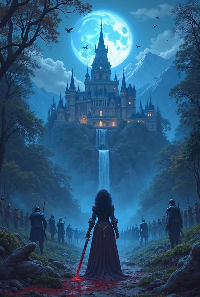 from above, beautiful sorceress lay in ornate purple dress standing on cliff, scenery, rocks, castle on distance, dark fantasy, night