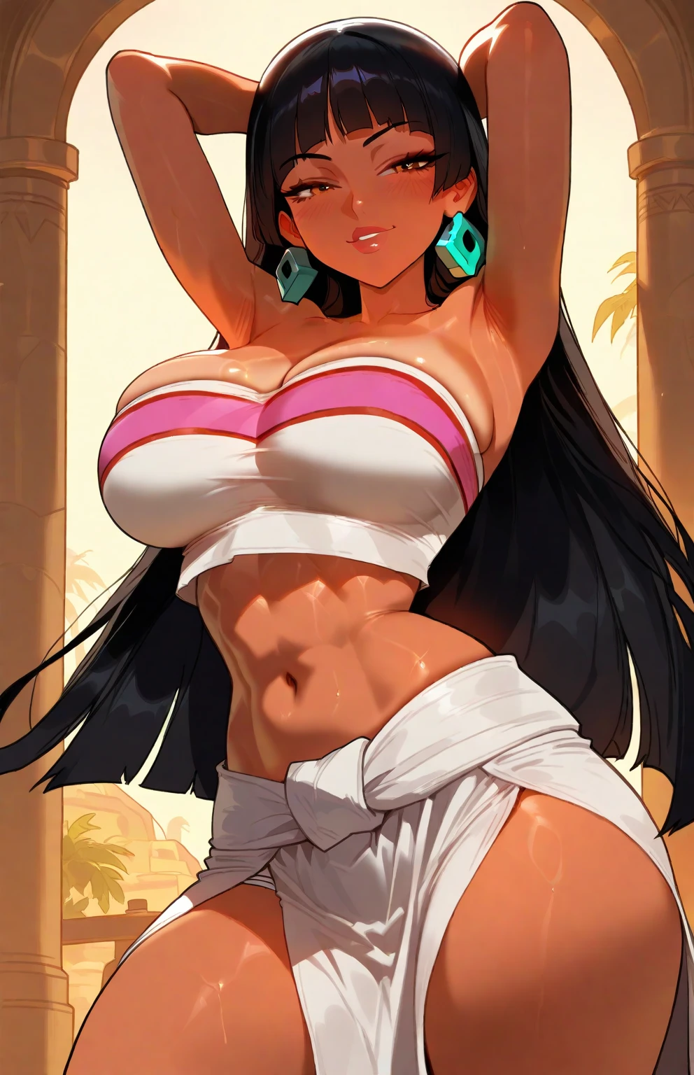 extremely delicate and beautiful, Amazing, finely detail, masterpiece, ultra-detailed, highres,best illustration, best shadow,intricate, high quality, woman, solo, long purple hair, curvy, milf, giant breasts, sexy body, camisole, (black yoga pants), minimal jewelry, hat, green eyes, natural makeup, Alien planet, tropical beach, beach towel, fruit drinks, lotion on chest, beach umbrella, lot of colorful smoke everywhere background, palm trees, cutesexyrobutts