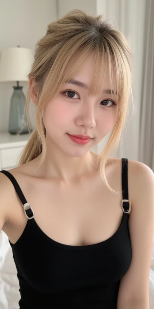 one person、14 years old、Blonde、Blonde、Full body photo、slender、woman、White drool coming out of the mouth、smile、Very short twin tails、 Fair skin、Super cute、Soft and Face、8K resolution、Surreal、Ultra high definition、 A-cup small breasts（（Highest resolution、8k、masterpiece：1.3））、Ultra-fine face、Ultra Fine Lips、Beautiful Eyes、double eyelid,Light blue wall、Black floral bikini:1.1、Thighs、thin,Thighs are visible、Shapely small breasts、