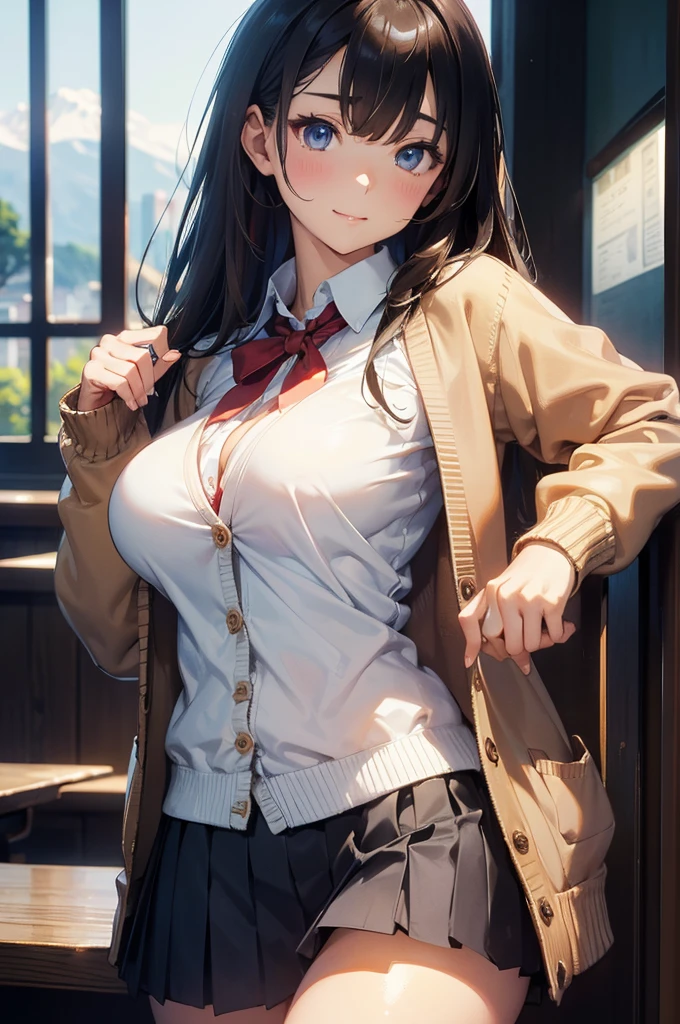 best quality、Full members、complete fingers、Sexy beauty big breasts, shirt buttons open, 1 person、ssmile、double teeth、shy expression、School clothes、knee high、straighten legs、Place hands on hips, in a quiet classroom.Wet clothes