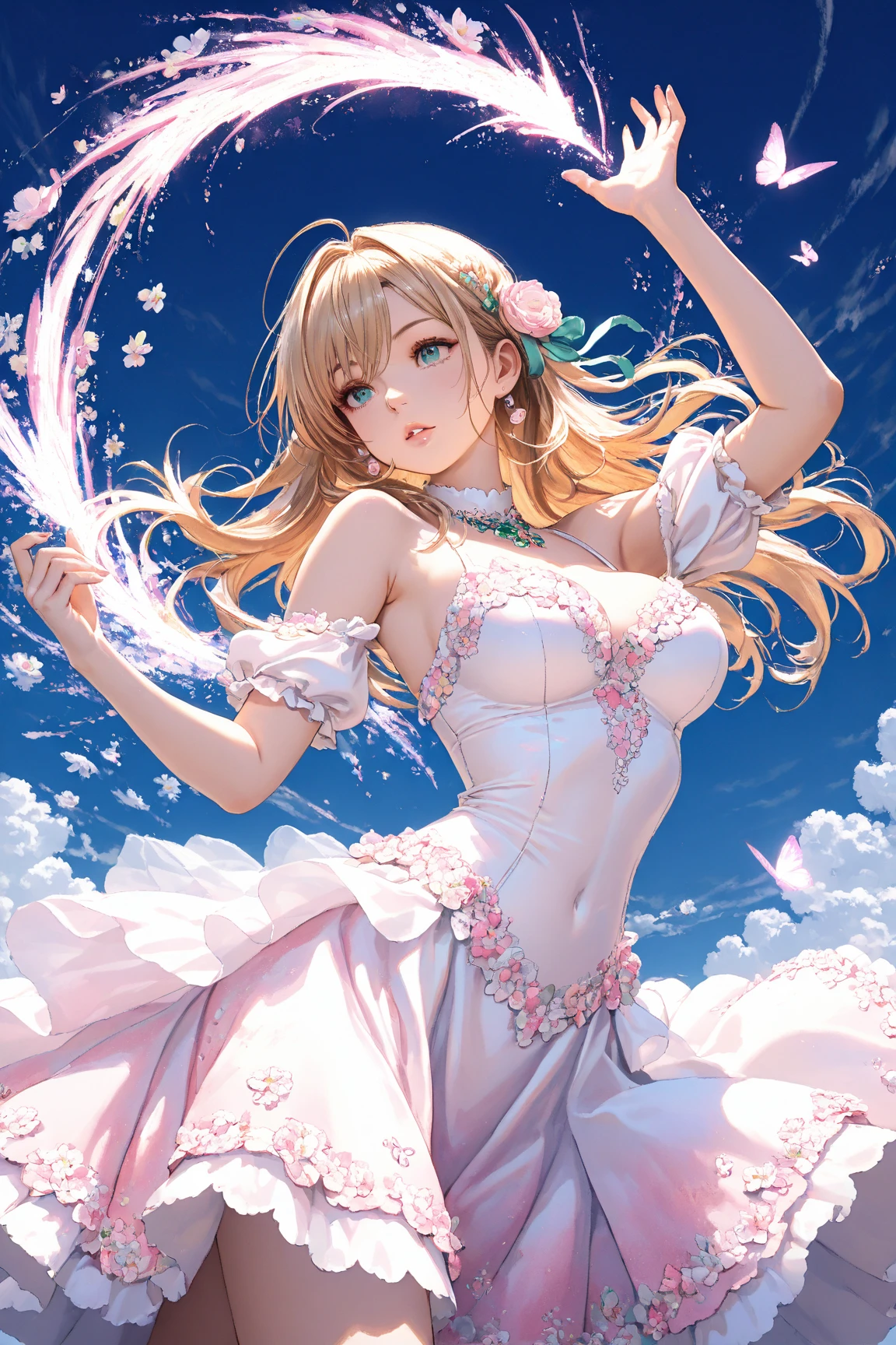 nsfw:1.1, high resolution:1.7, incredibly absurdres, kawaii:1, cute:1.5, hires.fix,anime visual:1,incredibly fine illustration,8k,masterpiece:1.2,best quality, high quality, exquisite, beautiful,insanely detailed, intricate detailed, extremely detailed, Super Definition,ultra high res, Super Resolution, best aesthetic, ultra detailed:1.5,best quality, perfect face, detailed face, masterpiece:1.2, illustration:1.2, 8k cg wallpaper, stunning art,absurdres,octane render,ultra hires,
Japanese Actress,(Idol),18yo,Beautiful,(Cute and lovely),cute girl,((anime elf with extremely cute and beautiful blonde hair)),((((blonde hair:1.35,colored inner hair,ear breathing)))),(((green_eyes:1.3))),intricate eyes,beautiful detailed eyes,symmetrical eyes,big eyes:1.5,enchanting bright eyes studded with gold and silver dust,(((pinky skin,glowing_skin,lustrous skin:1.5,bright skin: 1.5,skin tanned,shiny skin,very shiny skin,shiny body,plastic glitter skin,exaggerated shiny skin,illuminated skin))),upward breasts,waist slender,(detailed body,(detailed face)),cute,daring,zettai ryouiki,show skin,best relationship with four fingers and one thumb,Very Fine Face and Eyes,Very Fine Hair,(Perfect Anatomy),((girl trembling with sexual climax)),Garter Belt,Bare shoulders,Check out our thru-rack chokers and midi rings with chains,
1girl,(magical girl flying in the night sky),(Holding a magic wand:1.3),Are standing,(cleavage),big ass,(thigh focus),pink long blonde,ponytail,Accurately drawn face,(intricate pink and white dress),Layer Dresses,super mini skirt,(I can see your butt),white leather knee high boots,vivid contrasting colors,intricately designed details,(best ratio 1 thumb,Refers to 4 books:1.3),(heart shaped pink effect:1.5),(dynamic pose),(Ghost Smile),(open your arms:1.5),(Sparks dance in the night sky:1.3)
