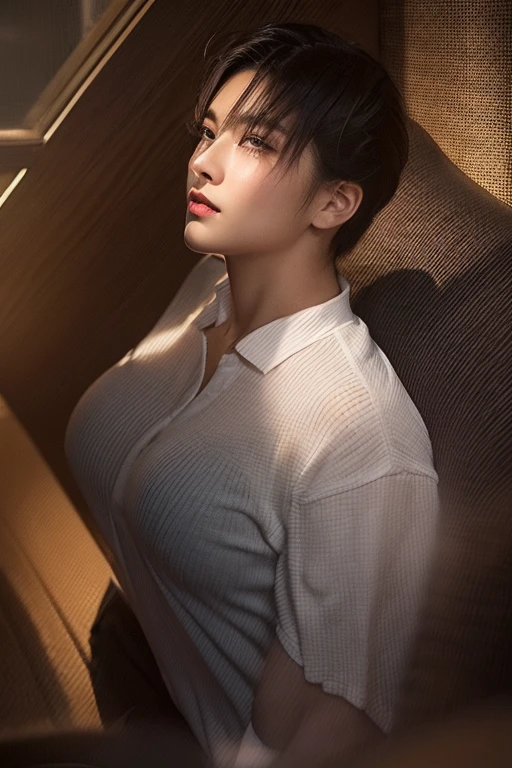 1 beautiful woman, large body, curvy woman, short hair, shoulder length hair, black hair, full bangs, made up face, bra slightly showing, eyelids outlined with makeup, long eyelashes, eyelids made up, eyelids outlined with make-up, LONG-SLEEVED WHITE NECKLINE SHIRT, button-down shirt, NECKLINE, small EARRINGS, skirt, BLACK HEELS, asleep with her mouth open, asleep lying on the sofa, arms down, head resting on the sofa, VERY MOUTH OPEN.