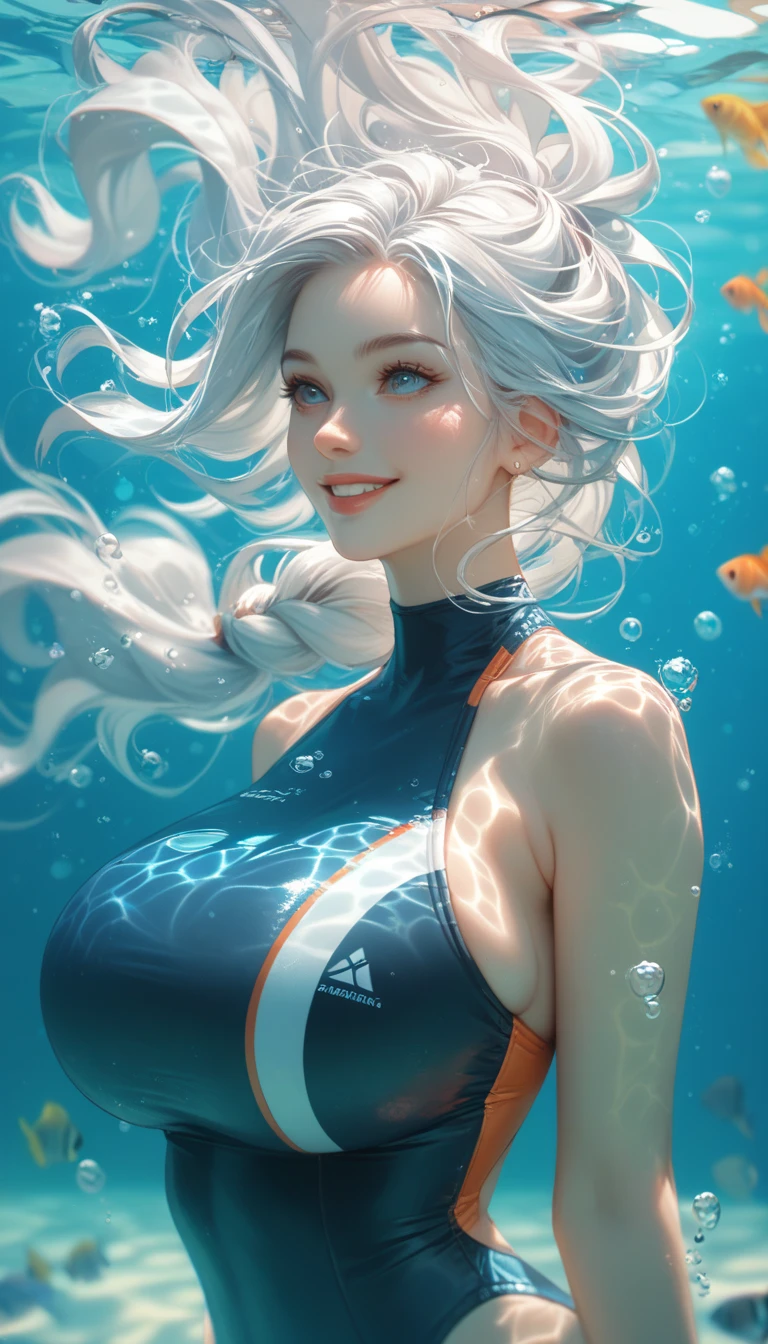 1 lady， smile happily，Bubbling in the mouth，long white hair， bubble，（There is a megalodon staring at the woman behind her），underwater photography， underwater perspective， floating underwater， breaststroke，solo， abyss， coral reef， diving， diving clothes， In weightlessness， （（best quality， 8k， masterpiece： 1.3）），