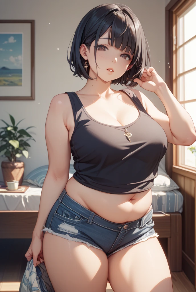 ((high res)), (masterpiece), perfect anatomy, perfect shading, field of depth, (best quality), extremely delicate and beautiful, perfect lighting, detailed face, ultra cute face, cute, (cowboy shot 1.2), looking at viewer, full body, ((1girl)), ((solo)), has short hair, fluffy hair, brown hair, green eyelush)), (white tank top 1.2), (jeans 1.2), extremely tight clothes, medium breasts, cleavage, perky breasts, (((wide hips))), ((thick thighs)), (chubby), chubby belly, fat rolls, belly hang, Fast food restaurant, intricate background, detailed background,
