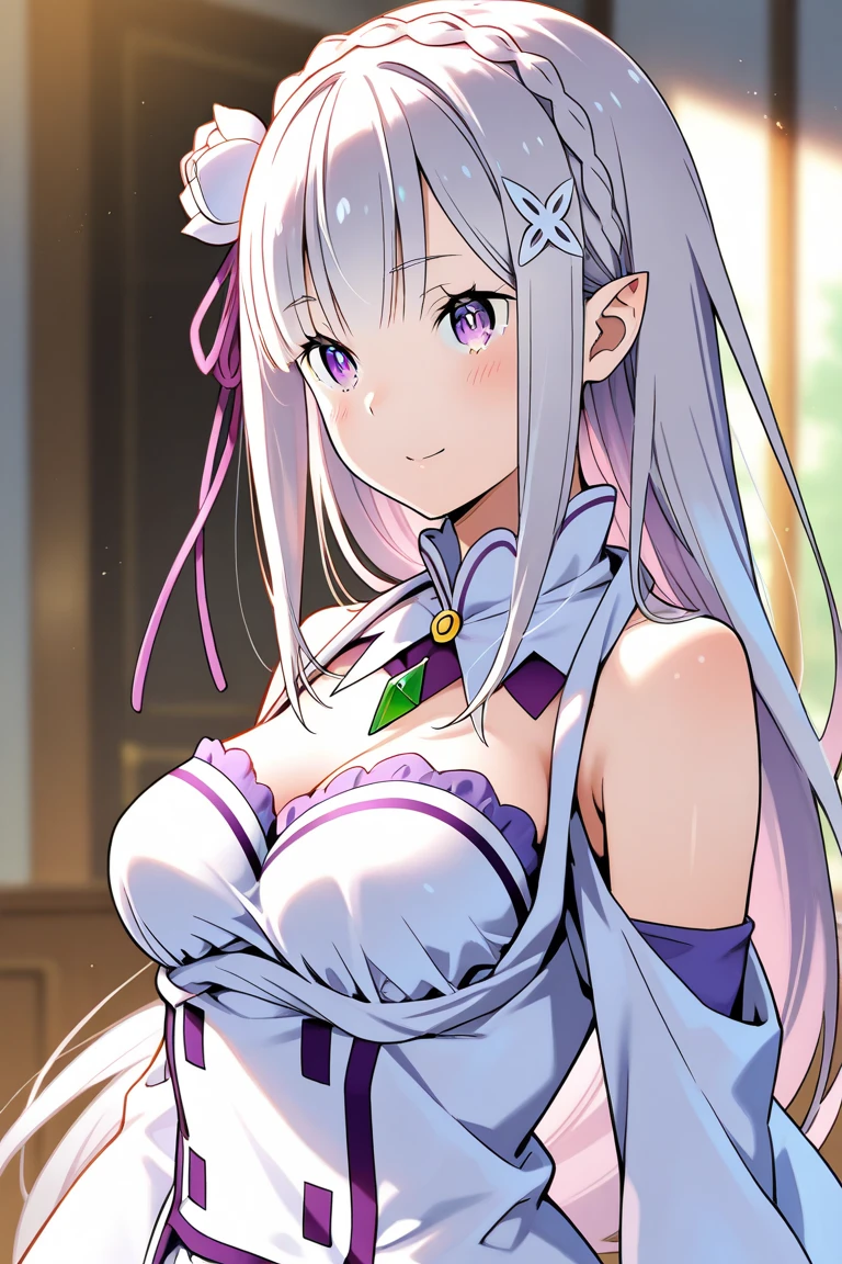 1 girl, alone, masterpiece, highest quality, emilia, emilia (Again:zero), purple eyes, gAgainy hair, gray hair, long hair, Braid, crown Braid, dull bangs, side lock, hair ornaments, x hair ornaments, hair flower, hair ribbon, purple ribbon, pointed ears, goblin, Removing the collar, naked, clavicle, cleavage, medium bAgainasts, belly button, Thighhighs, thigh gap, looking at the viewer, 魅惑的なsmile,Bedroom, night, (on the bed:1),(Doing a presentation:1.2),(best shadow), (moonlit room:1.1),(soft bed linen:1.1),1 girl, naked、spread your legs、No underwear、naked、smile、show off female genitals、pink nipples